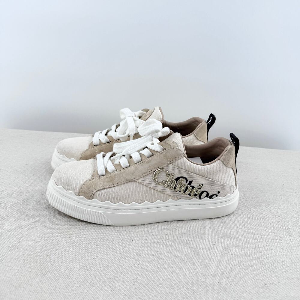 Chloe Lauren Logo Embroidery Canvas and Suede Sneakers White Women's EU 38 - Picture 4 of 11